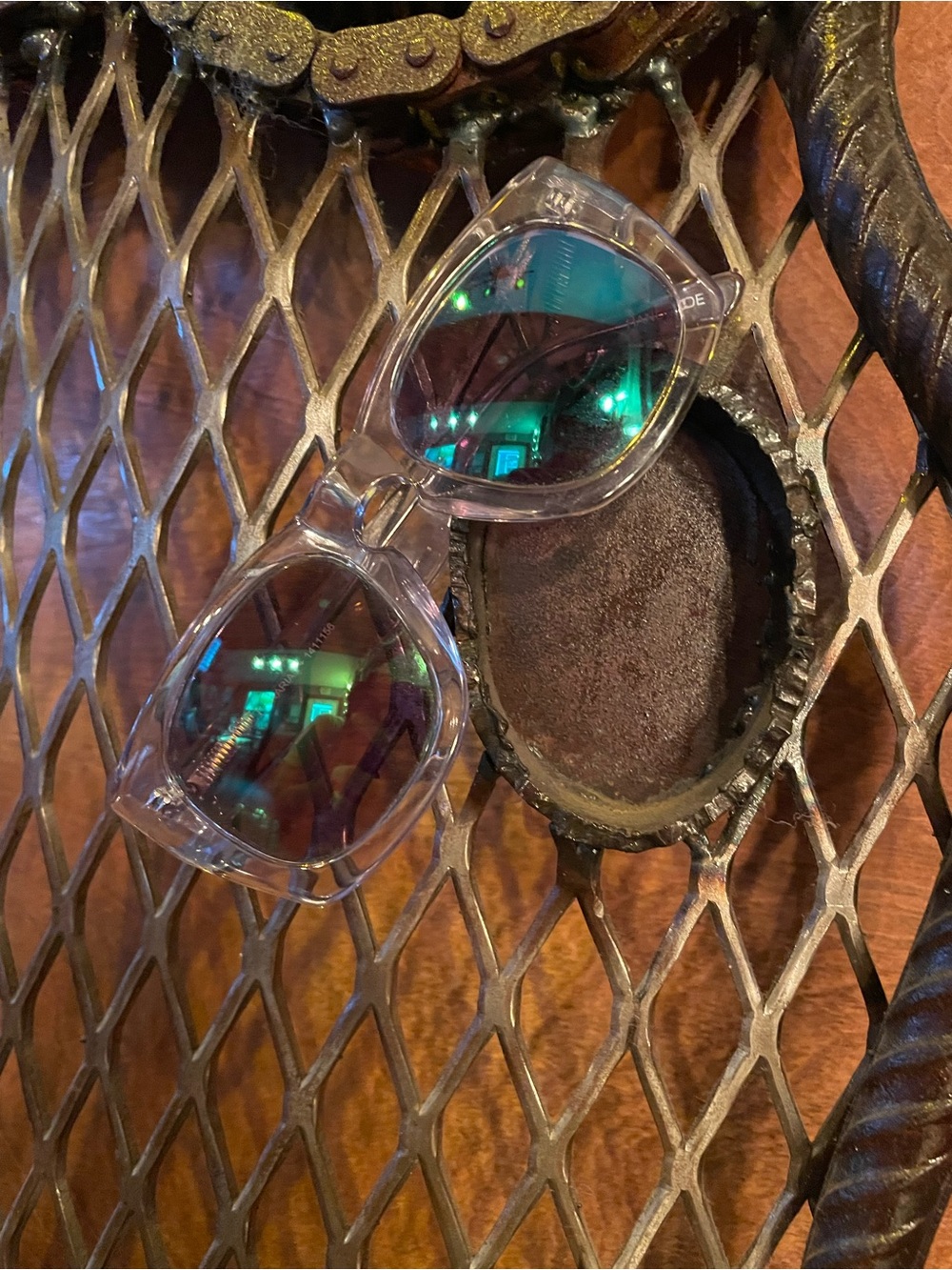 House of Holland “Librarian” Clear Frame Sunglasses with Green Reflective Lenses
